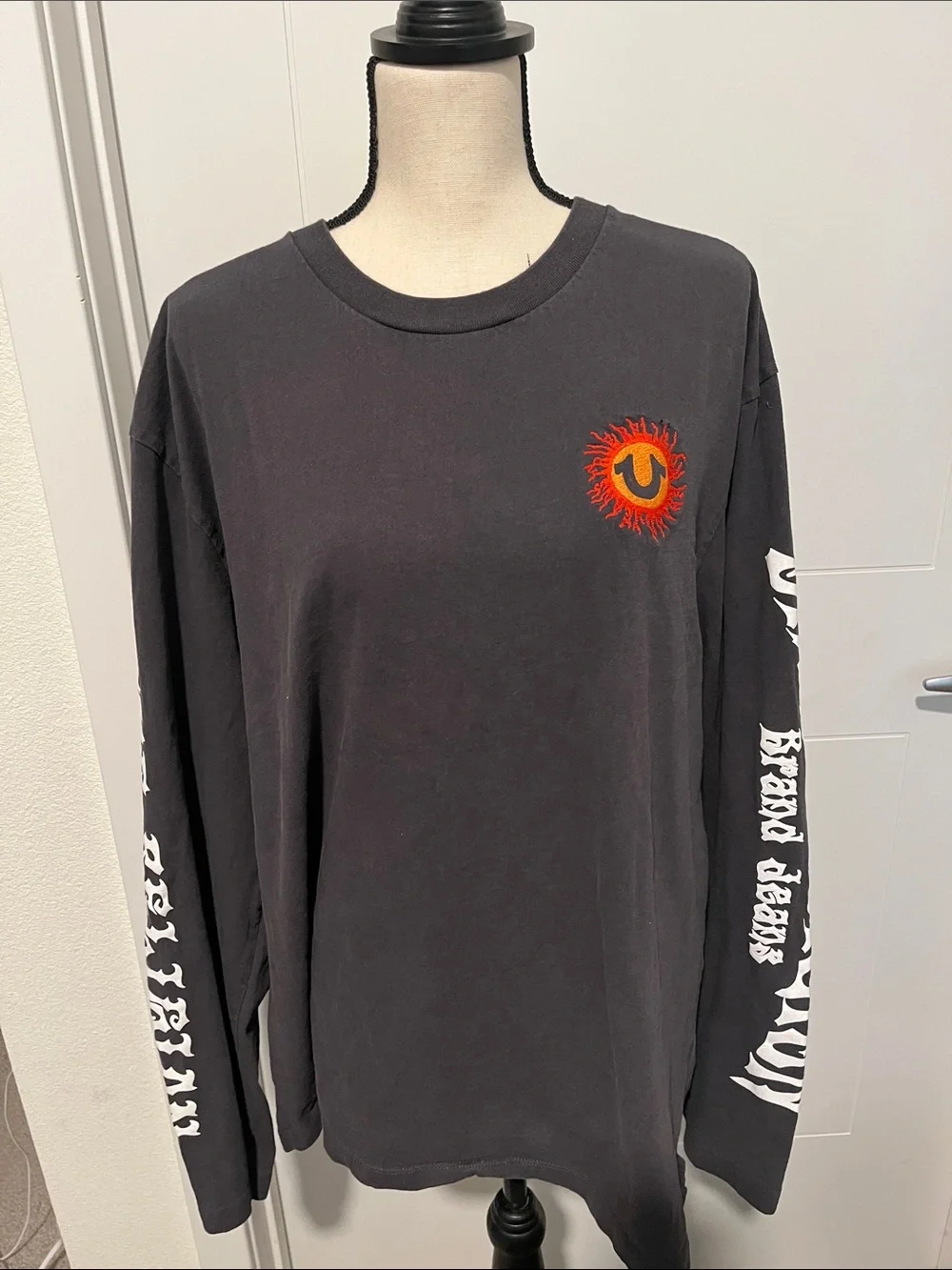 True Religion Gray Long-Sleeve Graphic Crewneck with Red-Orange Sun Logo